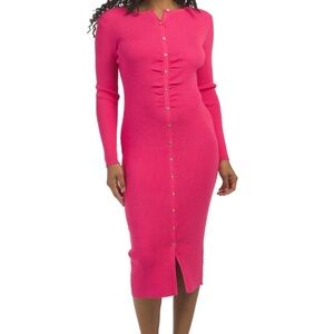 Elie Tahari Pink Ribbed Button Front Midi Sweater Dress Large